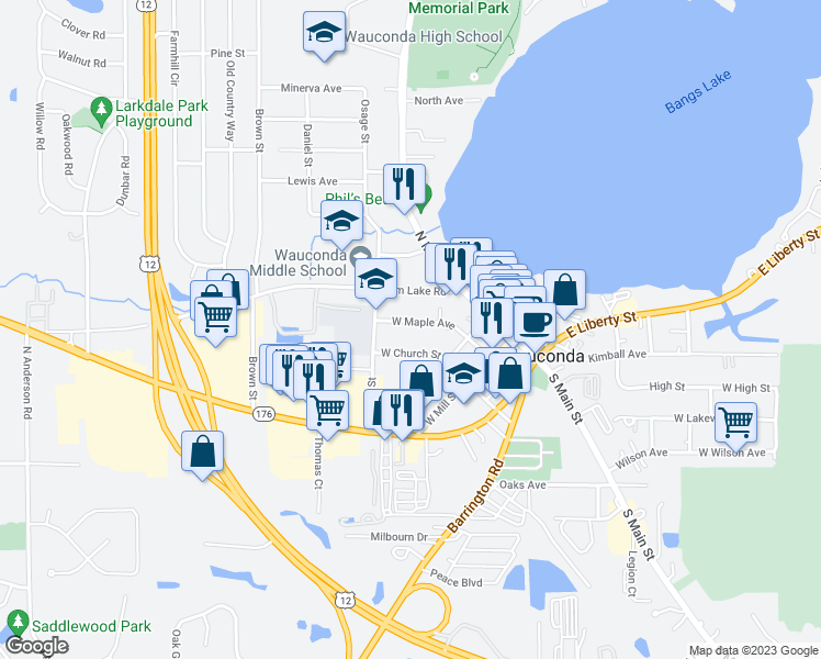 map of restaurants, bars, coffee shops, grocery stores, and more near 152 West Maple Avenue in Wauconda