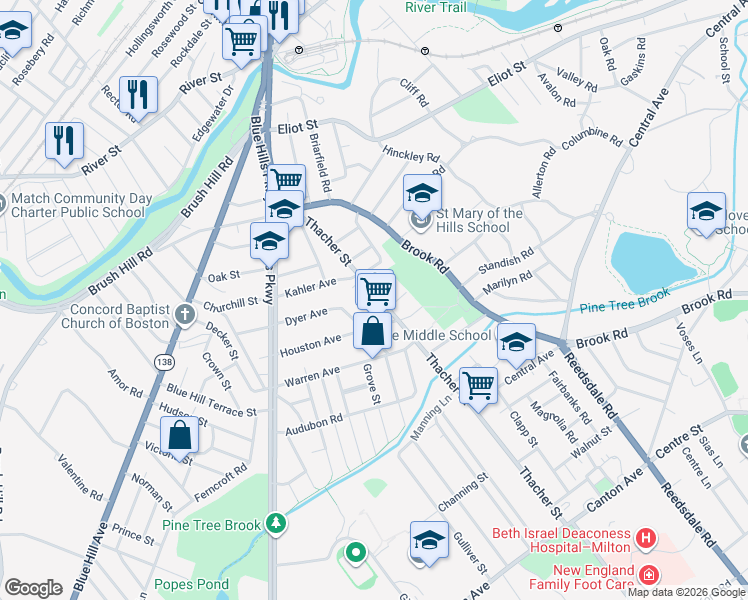 map of restaurants, bars, coffee shops, grocery stores, and more near 121 Thacher Street in Milton