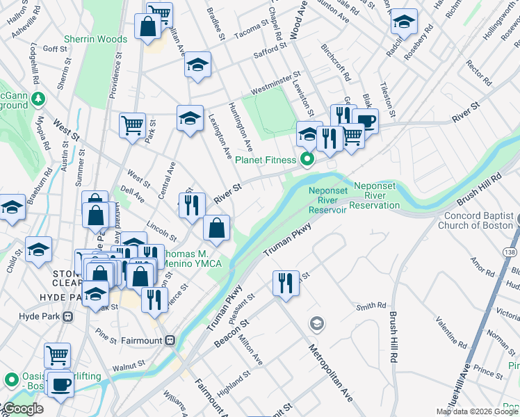 map of restaurants, bars, coffee shops, grocery stores, and more near 21 Riverside Square in Boston