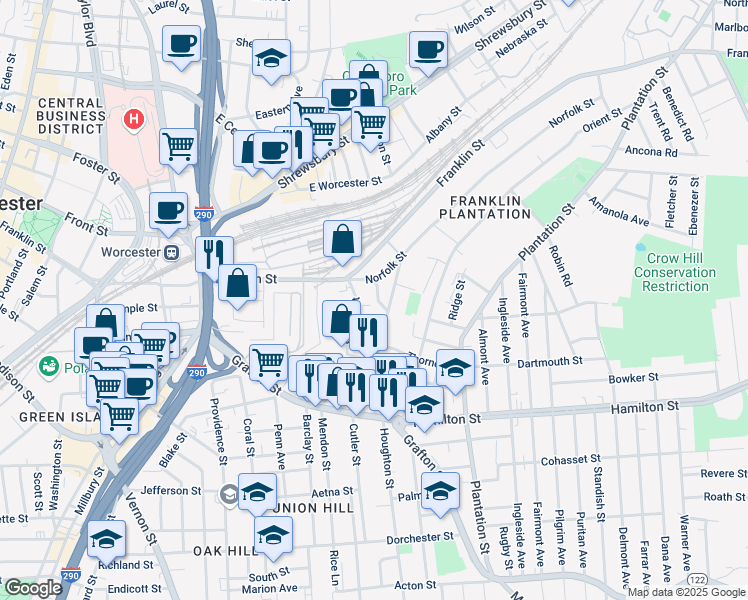 map of restaurants, bars, coffee shops, grocery stores, and more near 23 Suffolk Street in Worcester