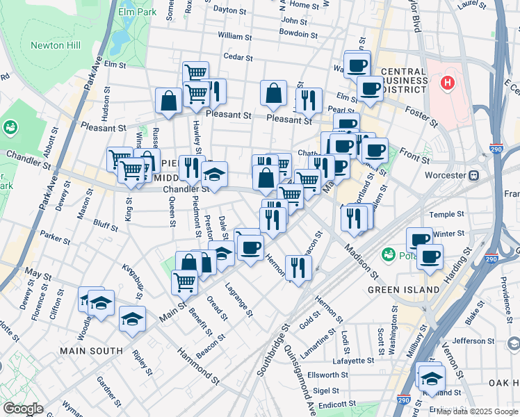 map of restaurants, bars, coffee shops, grocery stores, and more near 30 Wellington Street in Worcester