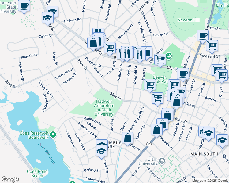 map of restaurants, bars, coffee shops, grocery stores, and more near 63 Walworth Street in Worcester