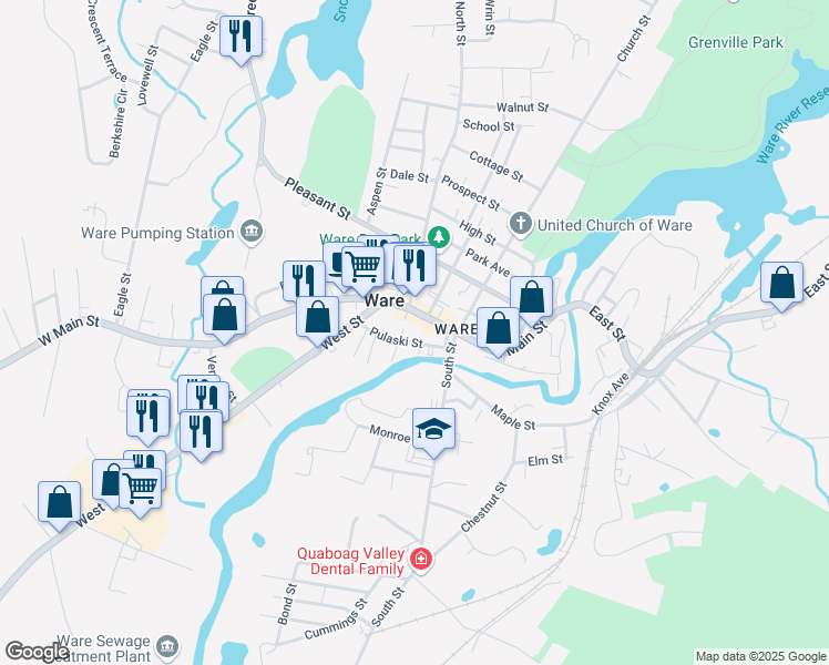 map of restaurants, bars, coffee shops, grocery stores, and more near 27 Pulaski Street in Ware