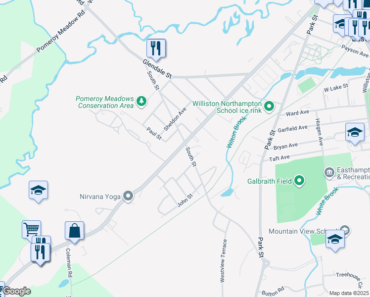 map of restaurants, bars, coffee shops, grocery stores, and more near 336 Main Street in Easthampton