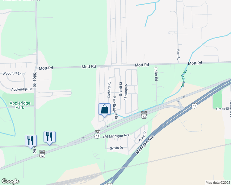 map of restaurants, bars, coffee shops, grocery stores, and more near 74 Park Estates Drive in Van Buren Charter Township