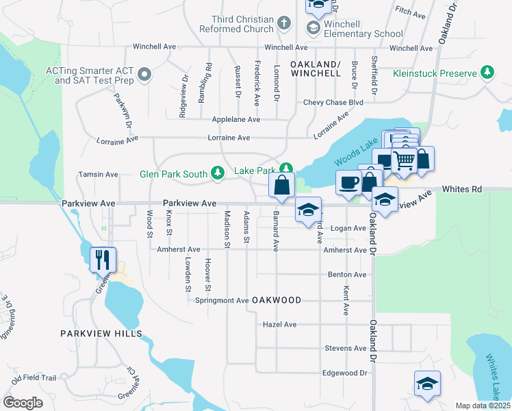map of restaurants, bars, coffee shops, grocery stores, and more near 2523 Parkview Avenue in Kalamazoo