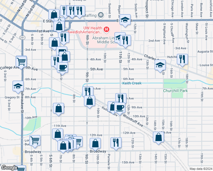 map of restaurants, bars, coffee shops, grocery stores, and more near 1358 7th Avenue in Rockford