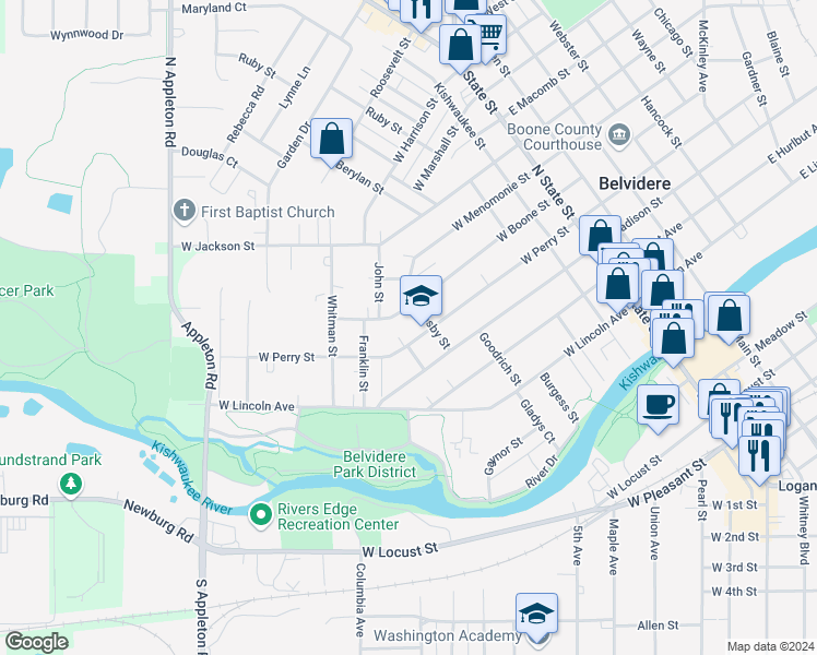 map of restaurants, bars, coffee shops, grocery stores, and more near 633 West Perry Street in Belvidere