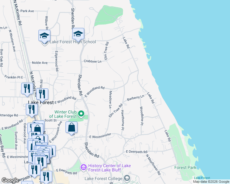 map of restaurants, bars, coffee shops, grocery stores, and more near 633 East Woodland Road in Lake Forest