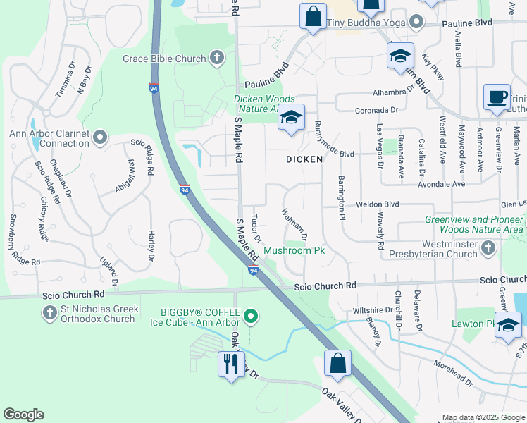map of restaurants, bars, coffee shops, grocery stores, and more near 2318 Eton Court in Ann Arbor