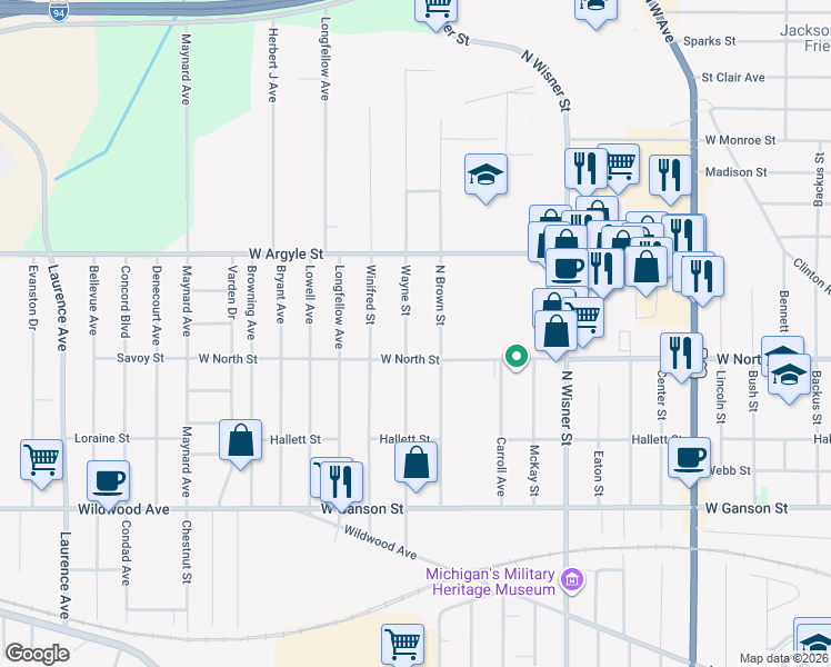 map of restaurants, bars, coffee shops, grocery stores, and more near 922 North Brown Street in Jackson
