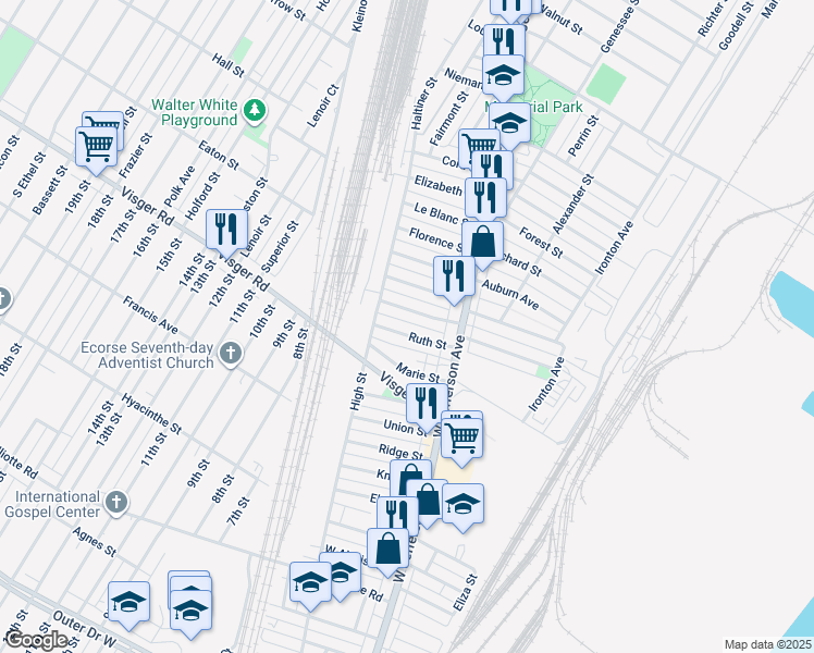 map of restaurants, bars, coffee shops, grocery stores, and more near 38 Ruth Street in Ecorse
