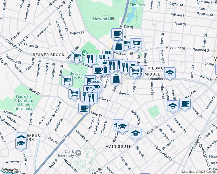 map of restaurants, bars, coffee shops, grocery stores, and more near 33 Winfield Street in Worcester