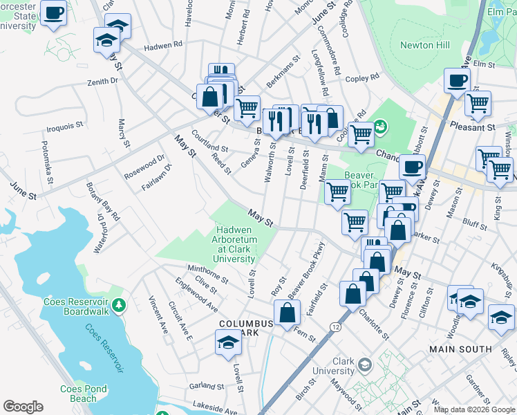 map of restaurants, bars, coffee shops, grocery stores, and more near 63 Walworth Street in Worcester
