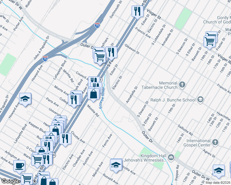 map of restaurants, bars, coffee shops, grocery stores, and more near 26187 West Outer Drive in Detroit