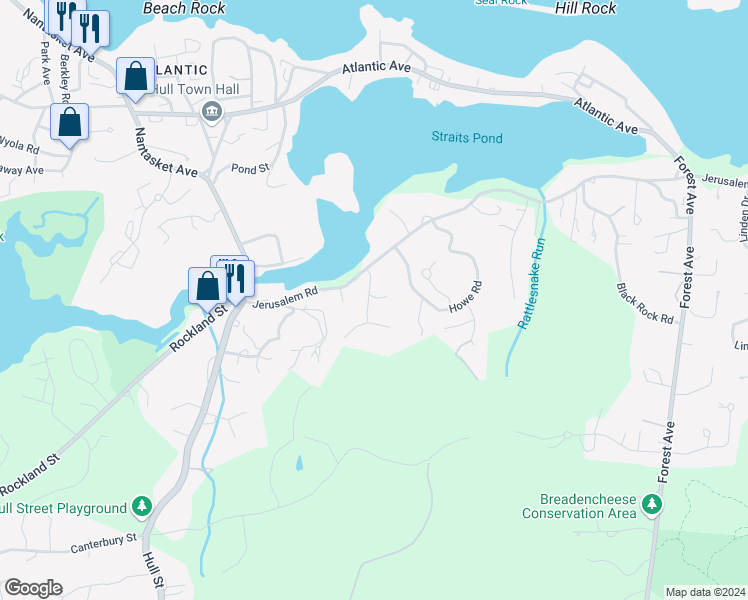 map of restaurants, bars, coffee shops, grocery stores, and more near 736 Jerusalem Road in Cohasset
