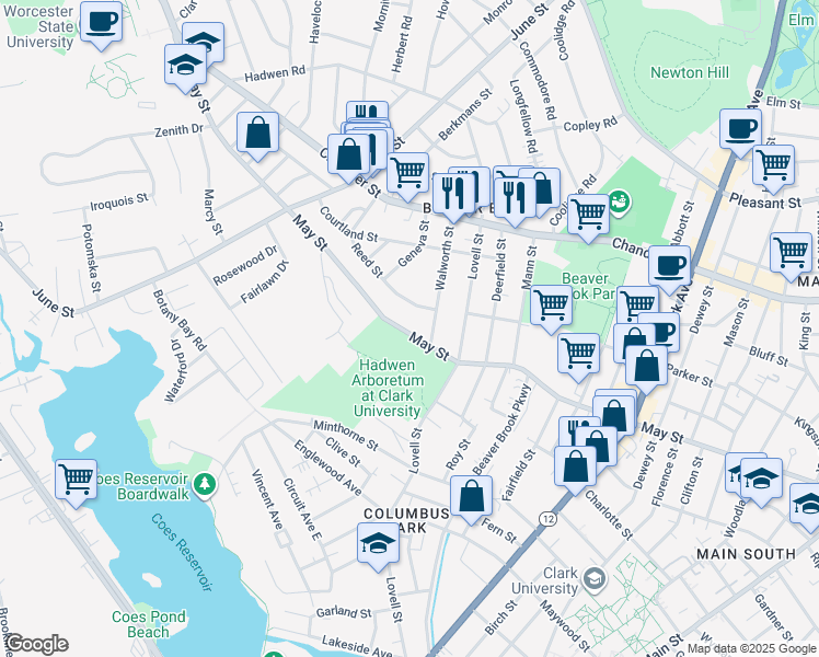 map of restaurants, bars, coffee shops, grocery stores, and more near 158 May Street in Worcester