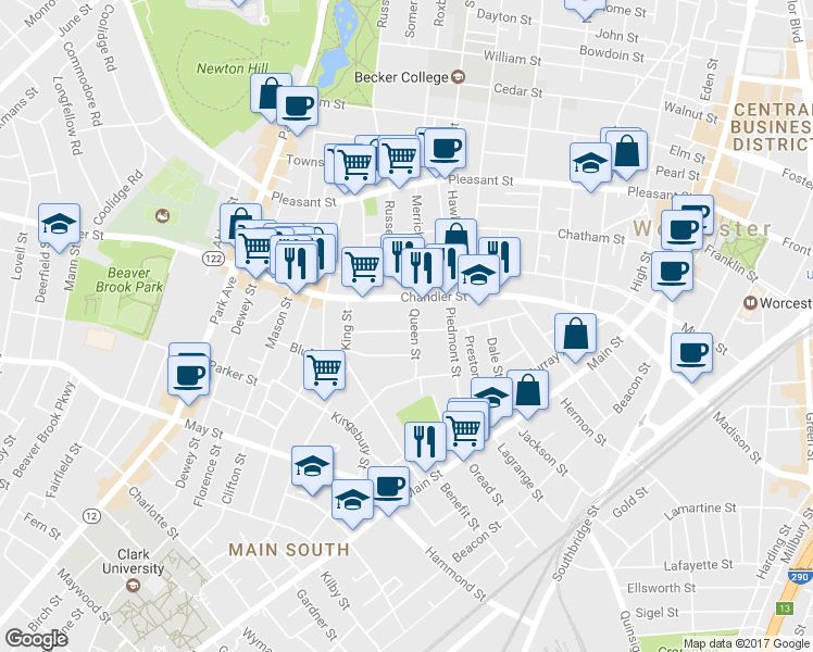 map of restaurants, bars, coffee shops, grocery stores, and more near 68 Jaques Avenue in Worcester