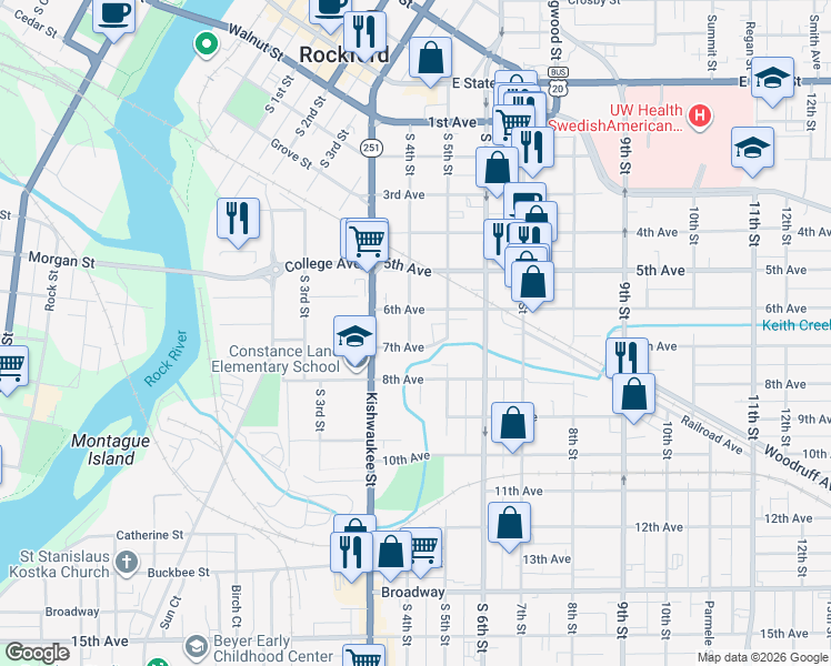 map of restaurants, bars, coffee shops, grocery stores, and more near 720 South 4th Street in Rockford