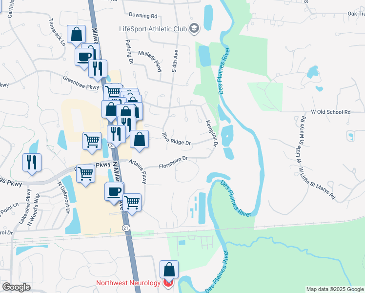 map of restaurants, bars, coffee shops, grocery stores, and more near 810 Braeman Court in Libertyville