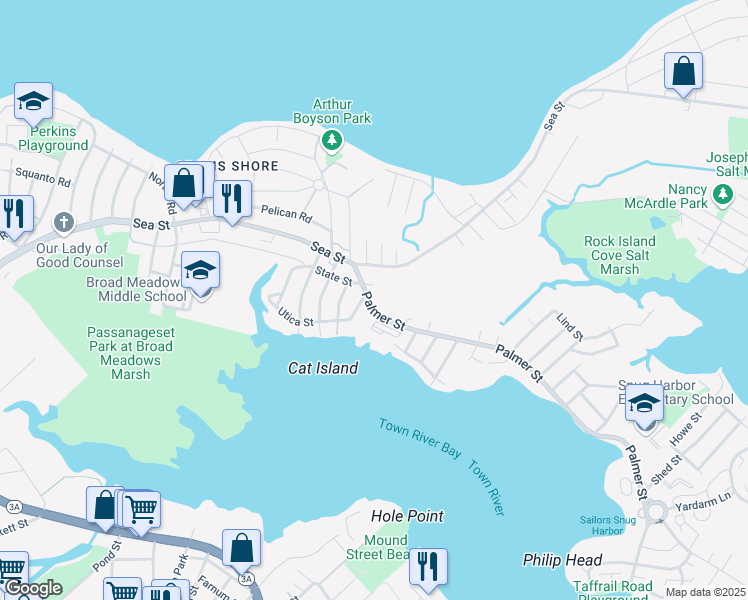 map of restaurants, bars, coffee shops, grocery stores, and more near 34 Palmer Street in Quincy