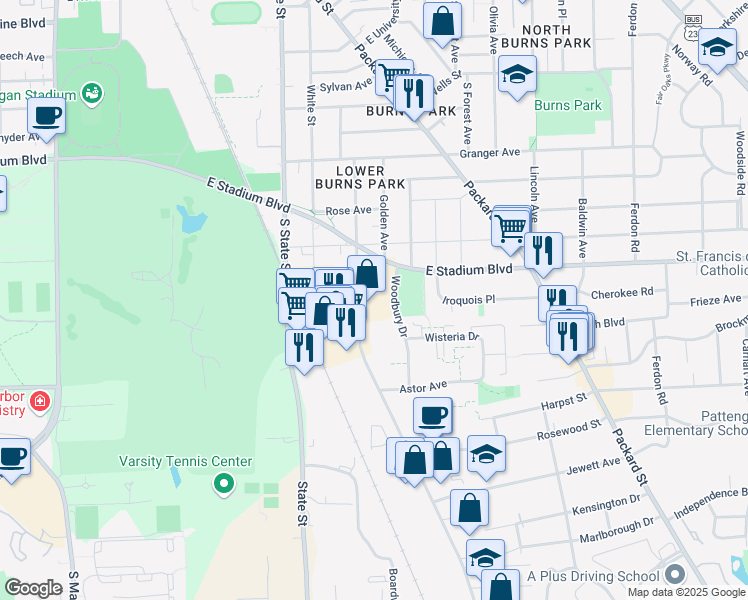 map of restaurants, bars, coffee shops, grocery stores, and more near 1919 South Industrial Highway in Ann Arbor