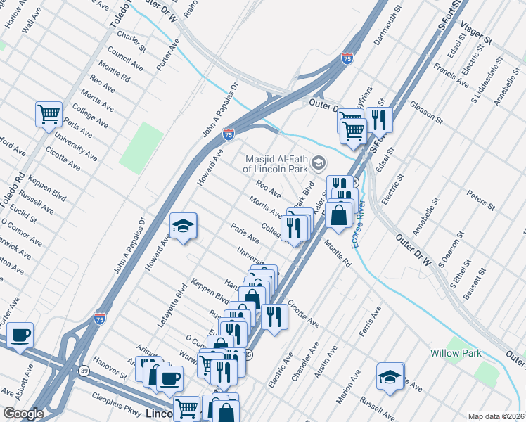 map of restaurants, bars, coffee shops, grocery stores, and more near 1420 College Avenue in Lincoln Park