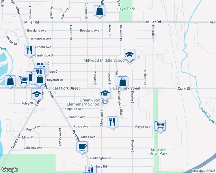 map of restaurants, bars, coffee shops, grocery stores, and more near 1901 East Cork Street in Kalamazoo