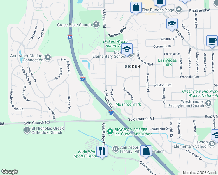 map of restaurants, bars, coffee shops, grocery stores, and more near 1660 Tudor Drive in Ann Arbor