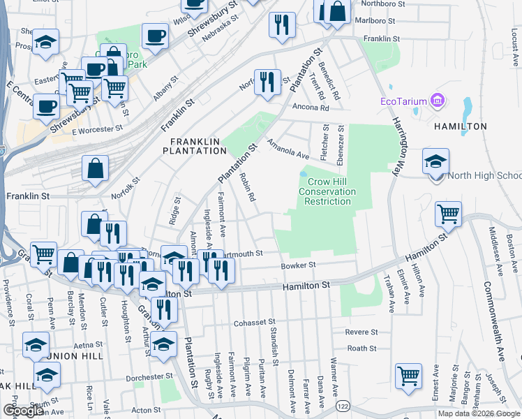 map of restaurants, bars, coffee shops, grocery stores, and more near 42 Robin Road in Worcester