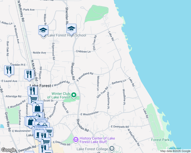 map of restaurants, bars, coffee shops, grocery stores, and more near 633 East Woodland Road in Lake Forest