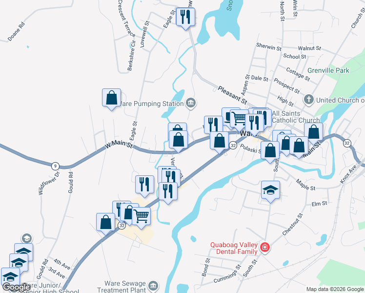 map of restaurants, bars, coffee shops, grocery stores, and more near 95 West Main Street in Ware