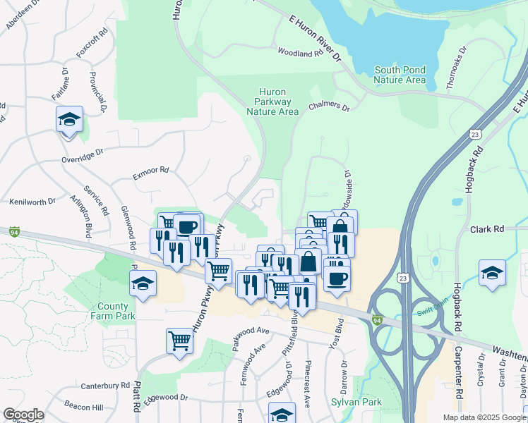 map of restaurants, bars, coffee shops, grocery stores, and more near 1854 Lindsay Lane in Ann Arbor