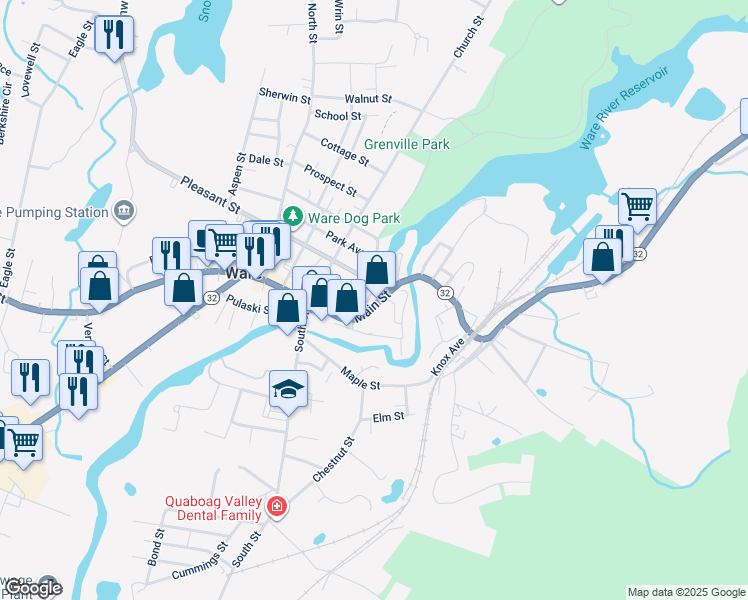 map of restaurants, bars, coffee shops, grocery stores, and more near 1 East Main Street in Ware