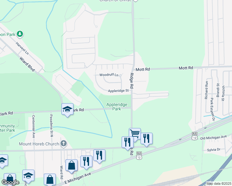 map of restaurants, bars, coffee shops, grocery stores, and more near 2838 Appleridge Street in Ypsilanti