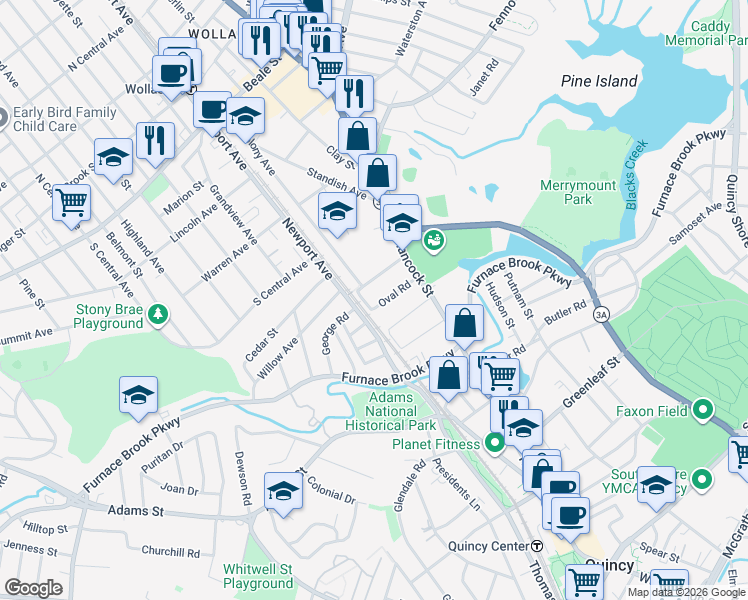 map of restaurants, bars, coffee shops, grocery stores, and more near 573 Newport Avenue in Quincy