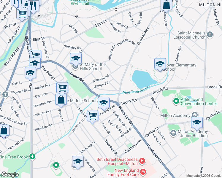 map of restaurants, bars, coffee shops, grocery stores, and more near 22 Rustlewood Road in Milton