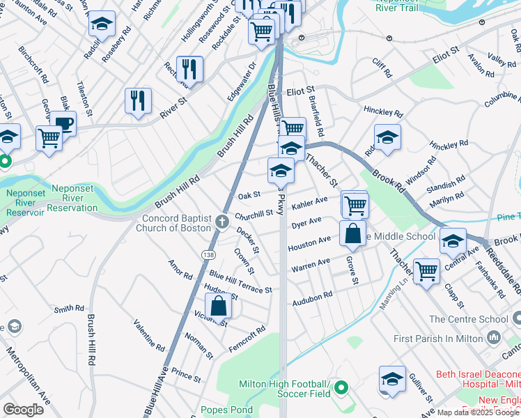 map of restaurants, bars, coffee shops, grocery stores, and more near 37 Churchill Street in Milton
