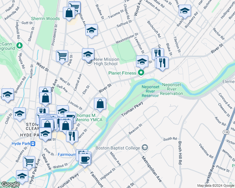 map of restaurants, bars, coffee shops, grocery stores, and more near 21 Riverside Square in Boston