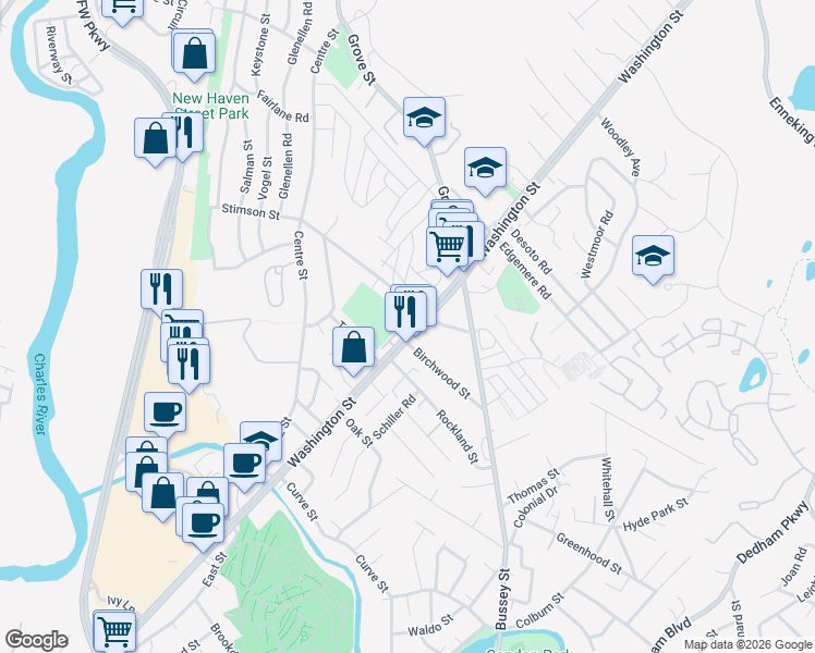 map of restaurants, bars, coffee shops, grocery stores, and more near 5252 Washington Street in Boston