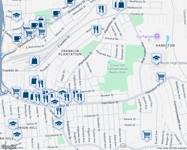 map of restaurants, bars, coffee shops, grocery stores, and more near 42 Robin Road in Worcester