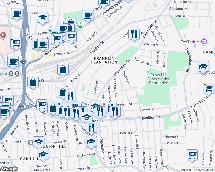 map of restaurants, bars, coffee shops, grocery stores, and more near 6 Clarendon Street in Worcester