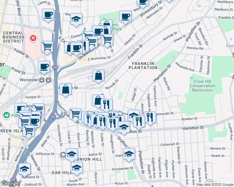map of restaurants, bars, coffee shops, grocery stores, and more near 60 Wall Street in Worcester