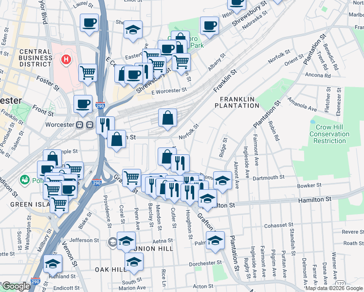 map of restaurants, bars, coffee shops, grocery stores, and more near 23 Suffolk Street in Worcester