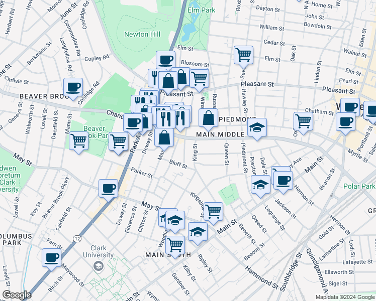 map of restaurants, bars, coffee shops, grocery stores, and more near 91 Bellevue Street in Worcester