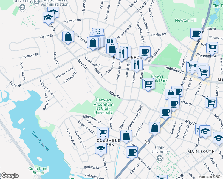 map of restaurants, bars, coffee shops, grocery stores, and more near 158 May Street in Worcester