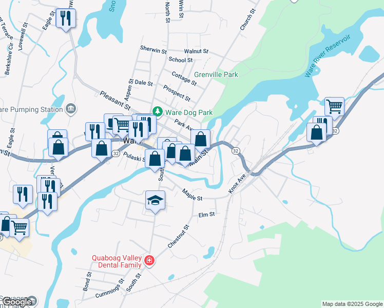 map of restaurants, bars, coffee shops, grocery stores, and more near 1 East Main Street in Ware