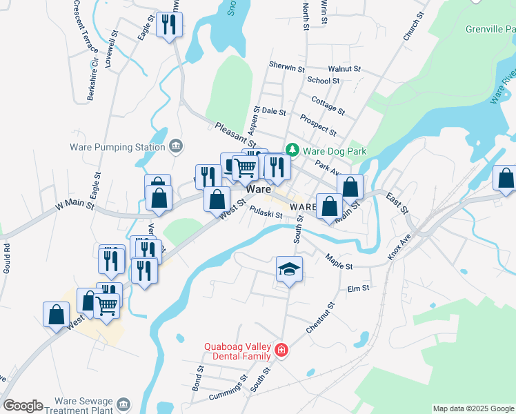 map of restaurants, bars, coffee shops, grocery stores, and more near 3 Buckley Court in Ware