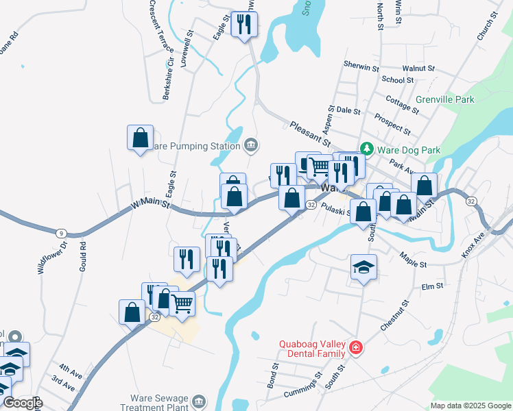 map of restaurants, bars, coffee shops, grocery stores, and more near 88 West Main Street in Ware