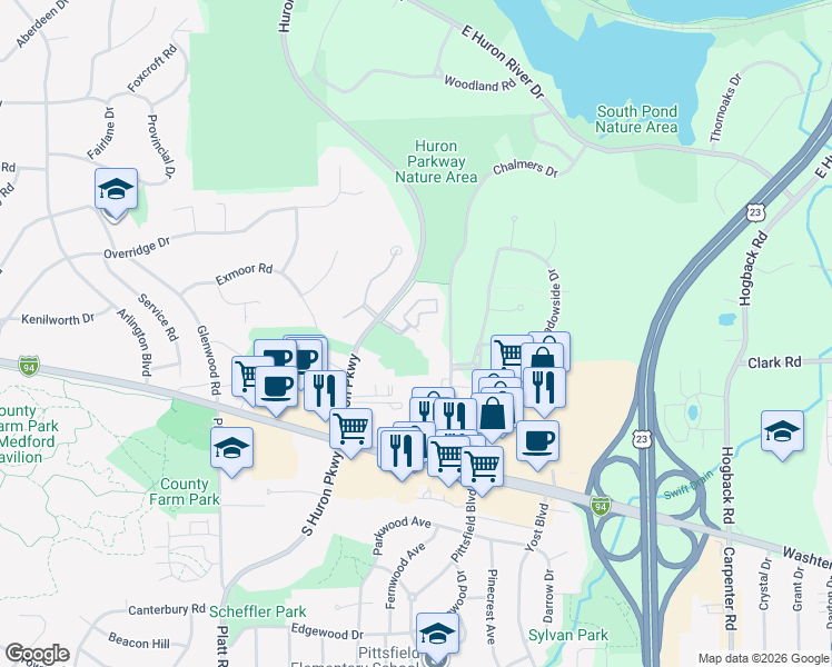map of restaurants, bars, coffee shops, grocery stores, and more near 1854 Lindsay Lane in Ann Arbor